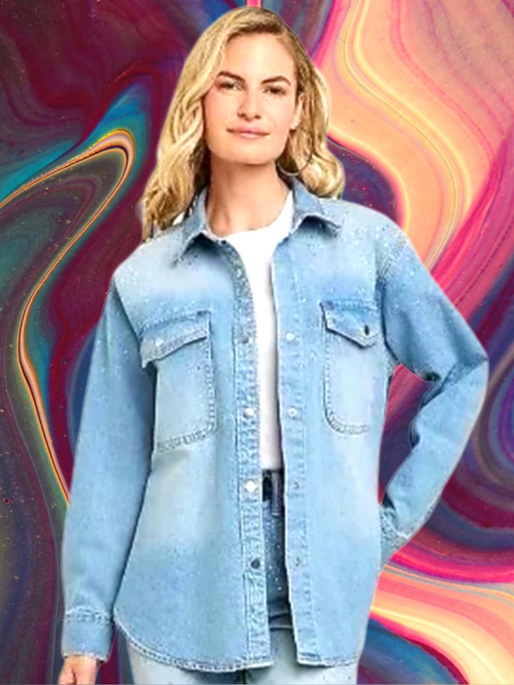 🆕Universal Thread Women’s Light-wash Denim Jean Embellished Shirt-Jacket❤️❤️3X